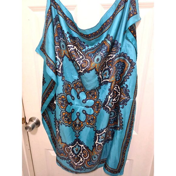 Vintage M.O.S. Paisley Teal & Orange Silk-Like Scarf With Ornate Design Size 35x - Picture 3 of 6